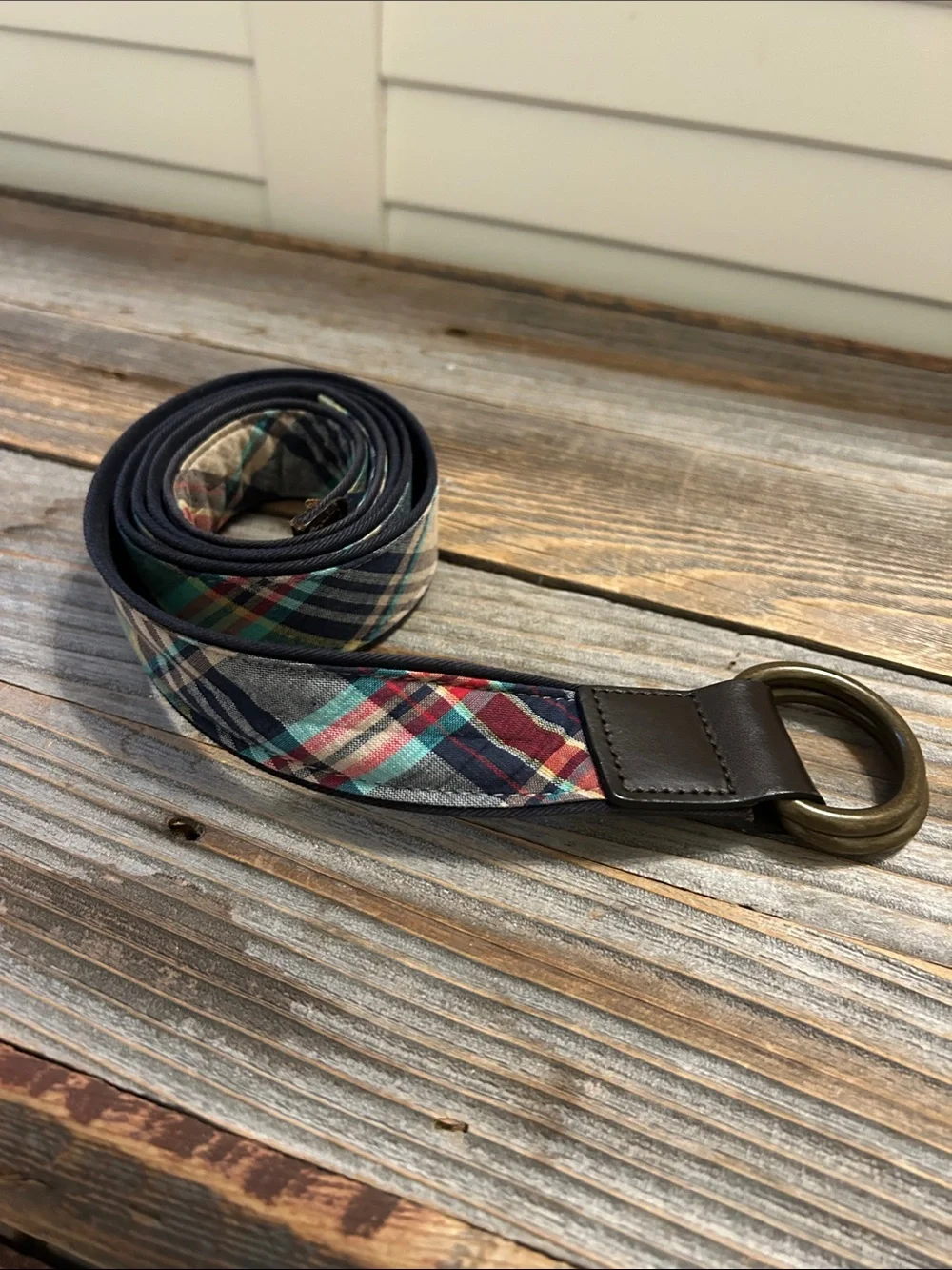Lands End Plaid Cotton Web Belt with Brass Ring - Navy, Red, Teal
